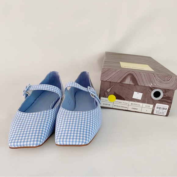 Jeffrey Campbell | Square Toe Mary Jane Flats Sky Blue Gingham Pin Up Rockabilly - Picture 10 of 12